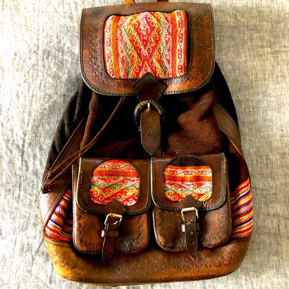 Handmade Leather + Alpaca woven backpack from Peru.
